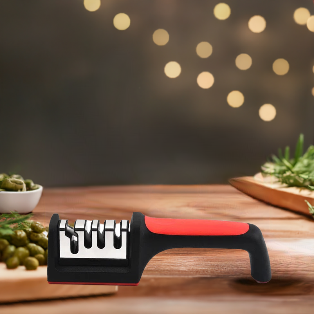 Black & Red Knife & Scissors Sharpener, 4 in 1 professional stainless Steel for kitchen 